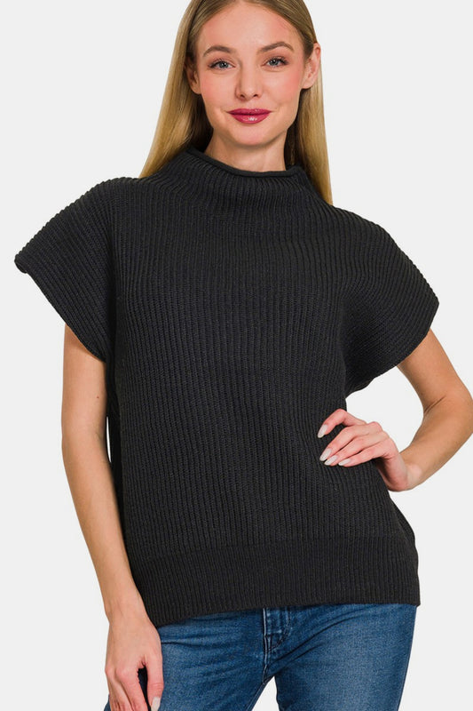 Zenana Sweet Awakening Short Sleeve Mock Neck Sweater in Black