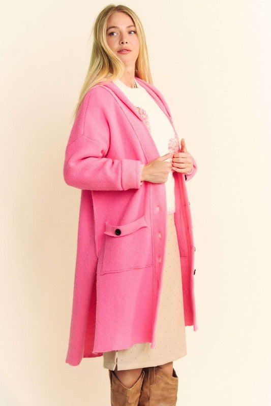 Davi & Dani Warm Me Up Side Slit Button Up Hooded Cardigan in Pink