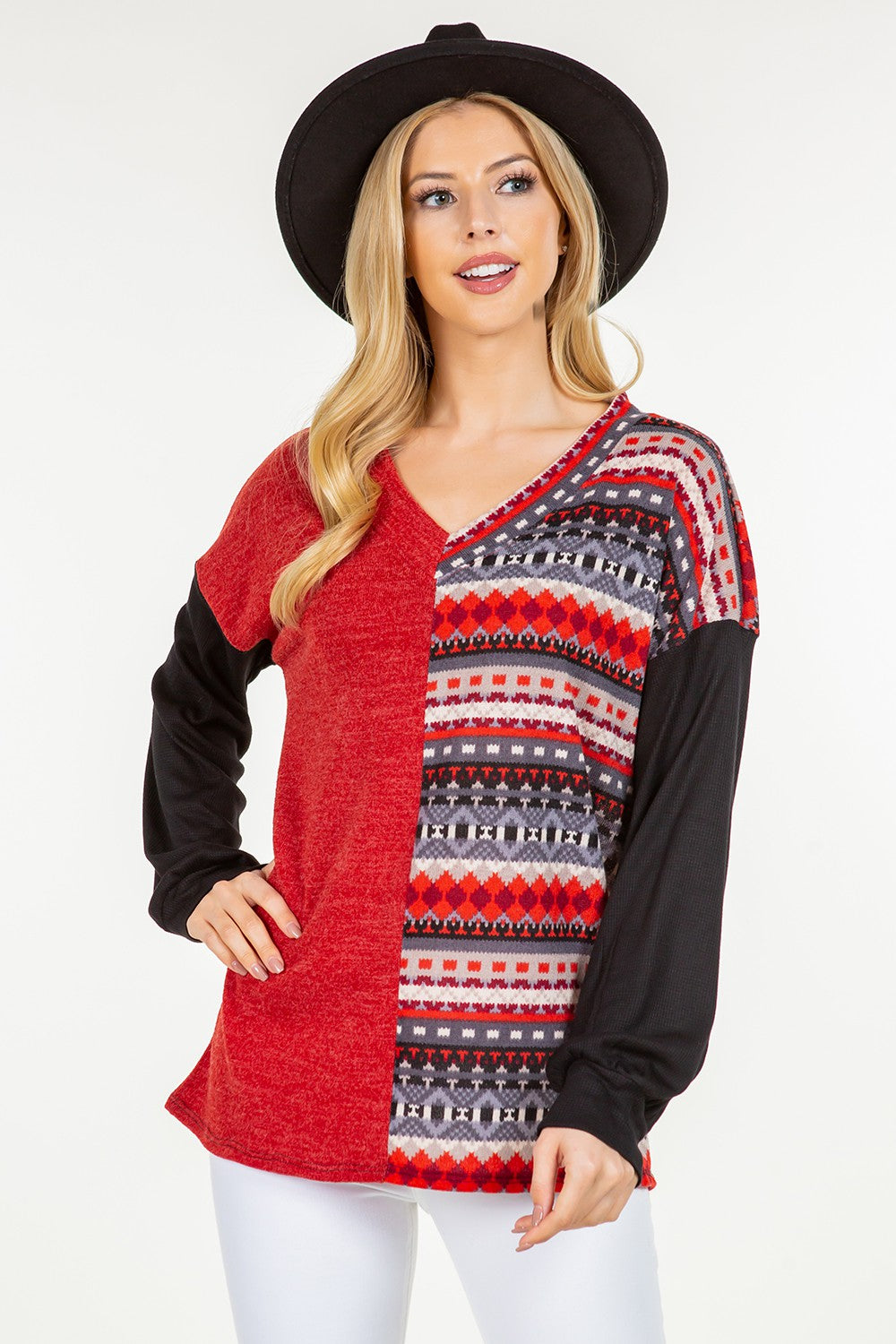 Celeste Geometric Vibes Contrast V-Neck Long Sleeve Blouse