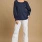 Umgee Perfectly Imperfect Wrinkled Lantern Sleeve Blouse in Navy