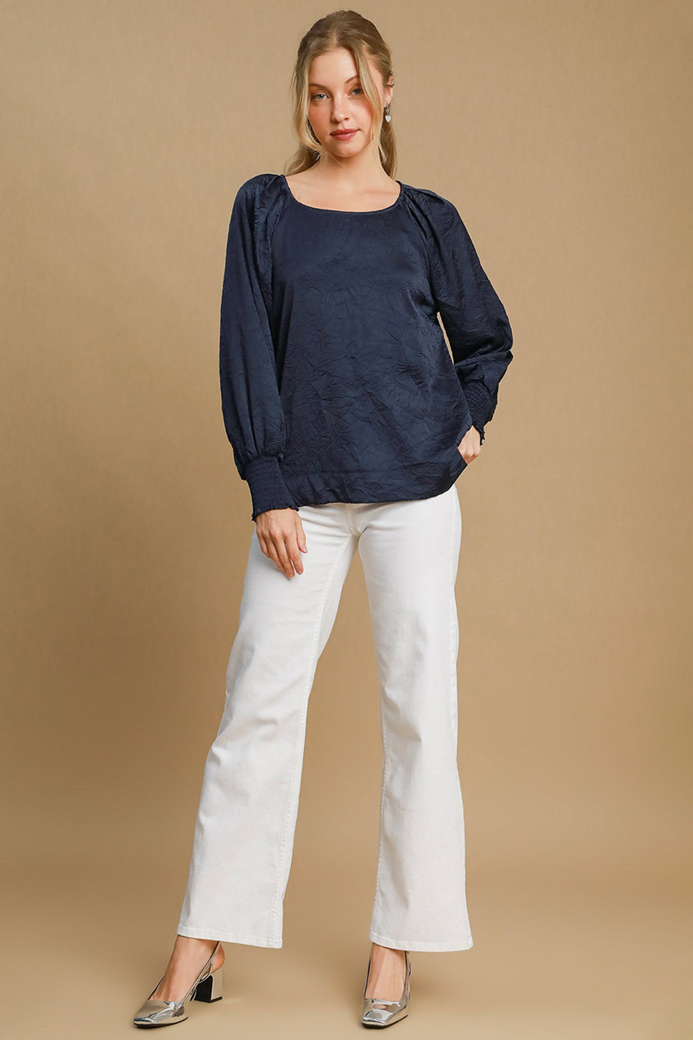 Umgee Perfectly Imperfect Wrinkled Lantern Sleeve Blouse in Navy