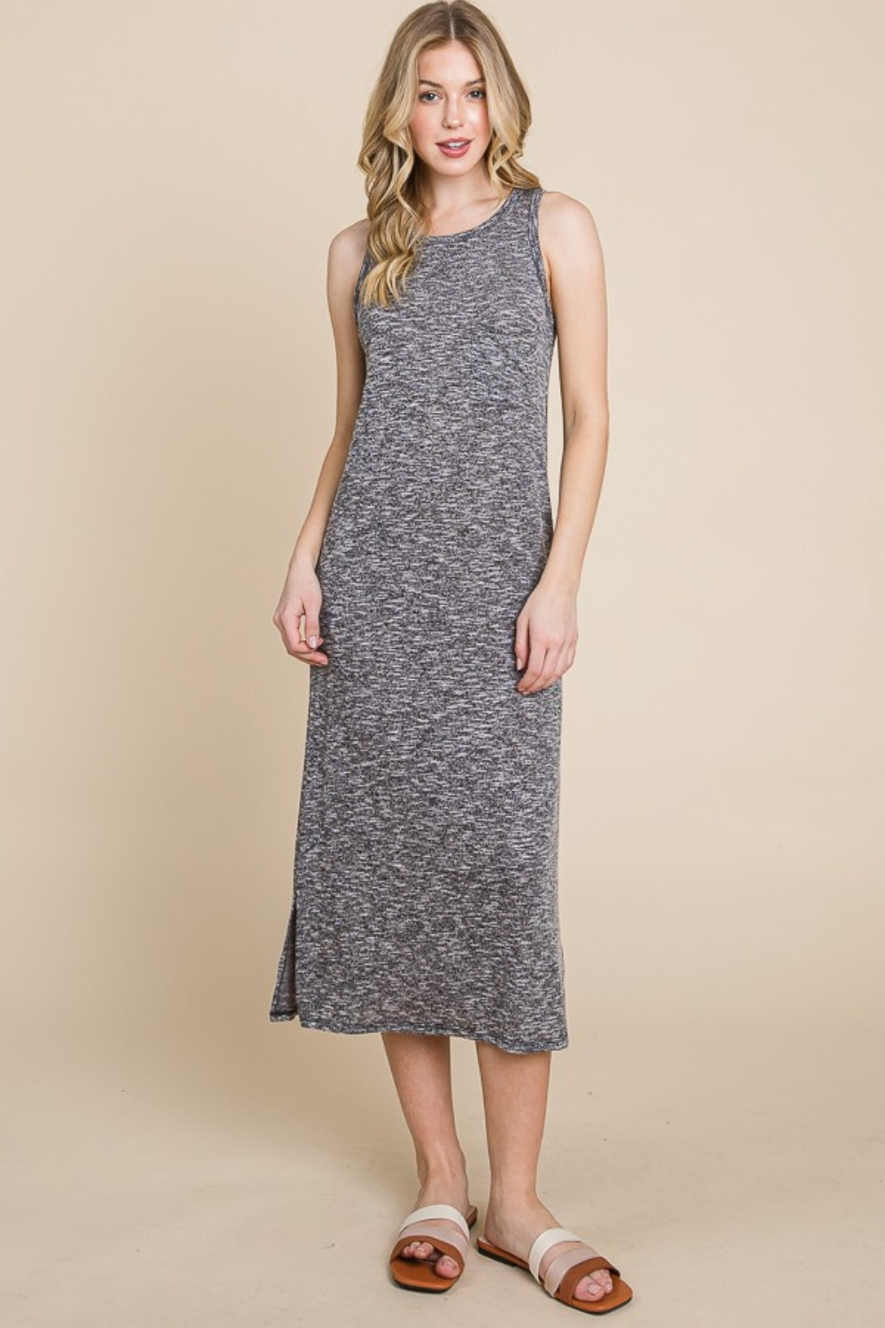 BOMBOM For The Night Slit Midi Tank Dress in Grey