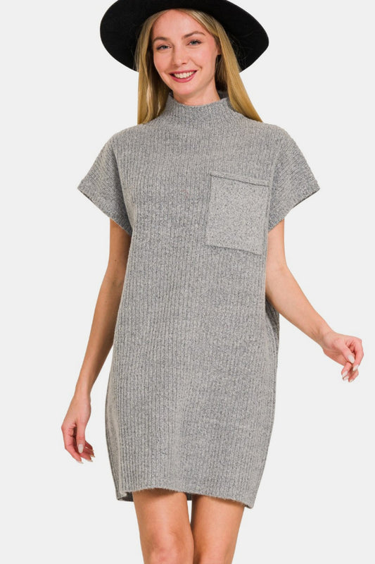 Zenana I'm Ready Short Sleeve Sweater Mini Dress in Grey