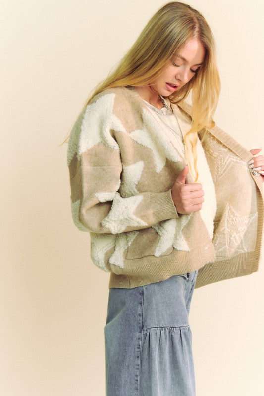 Davi & Dani Fuzzy and Chic Star Button Down Cardigan