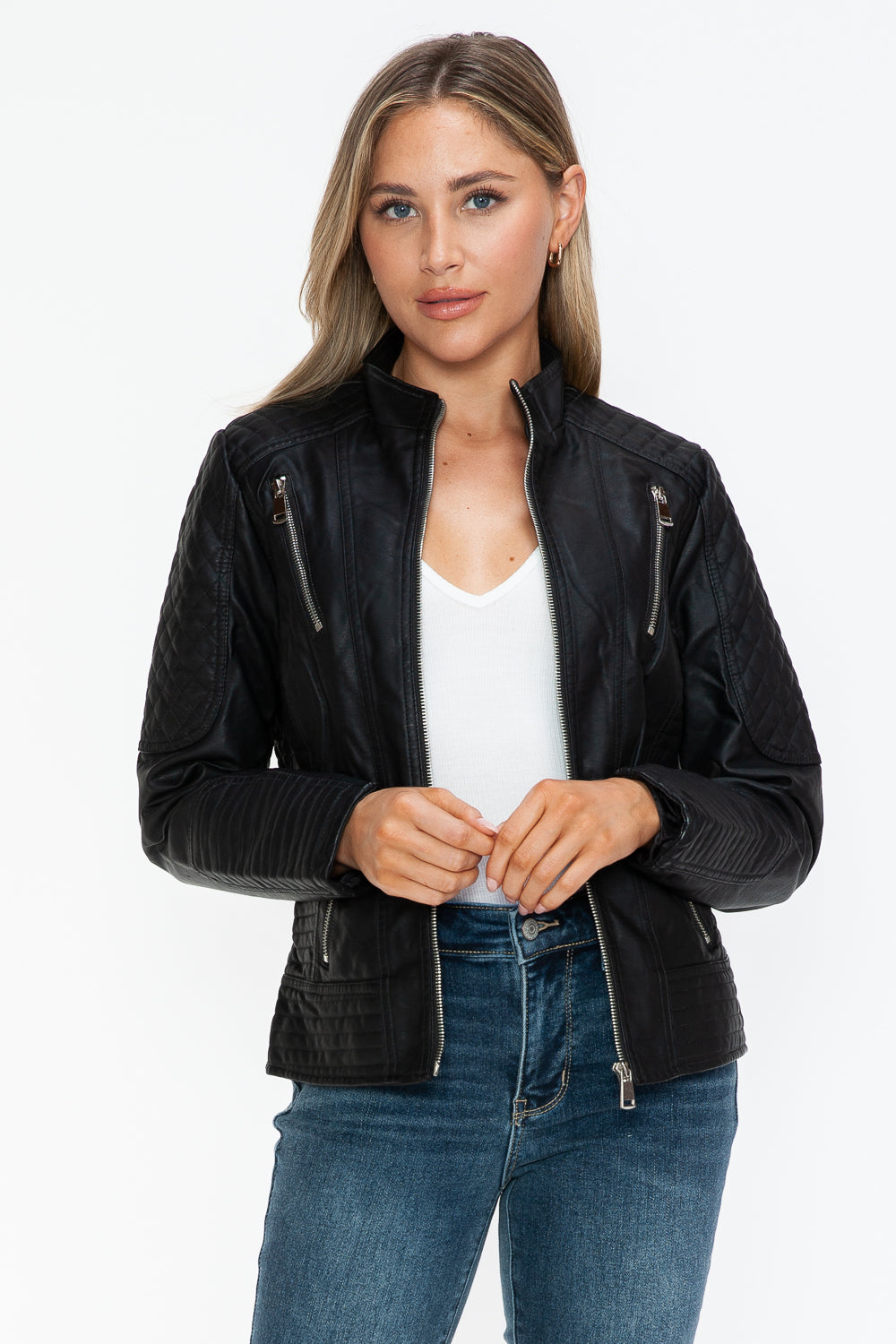 Snobbish Ready To Own The Night Faux Leather Zip Up Mock Neck Jacket in Black