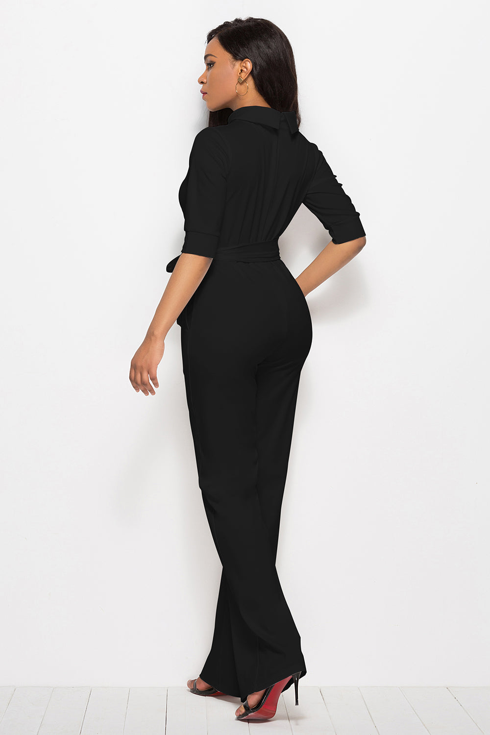 Driven Mock Neck Tie-Waist Half Sleeve Jumpsuit with Pockets