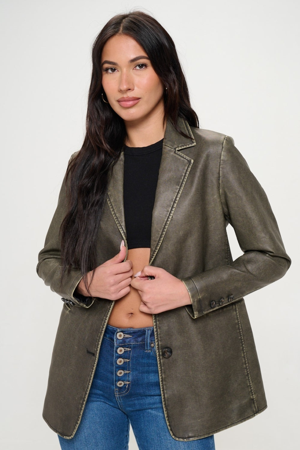 Coalition LA A Touch of Edge Single-Breasted Vegan Leather Blazer in Olive Brown
