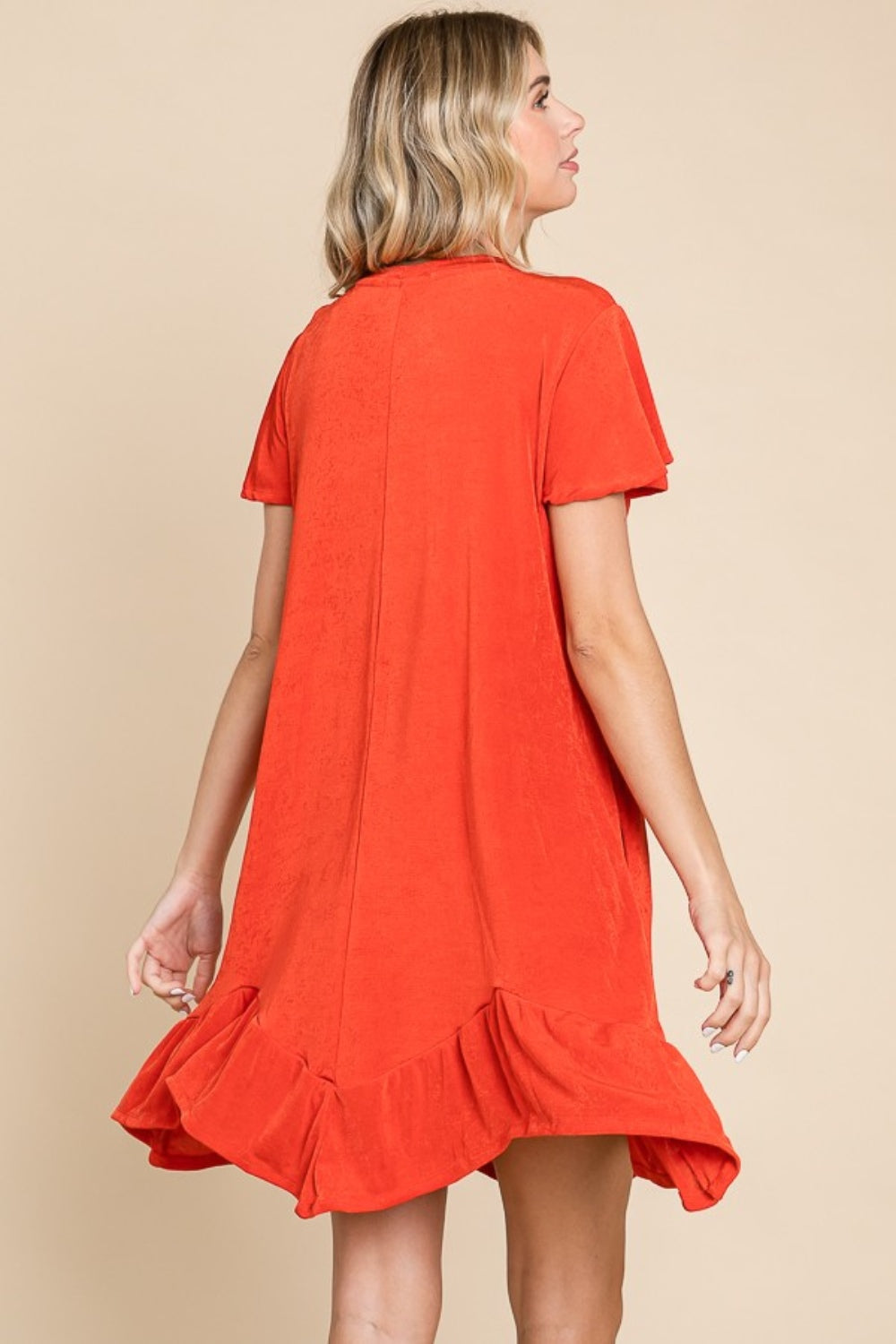 Culture Code Saving You Time Short Sleeve Ruffled Asymmetric Hem Dress in Scarlet
