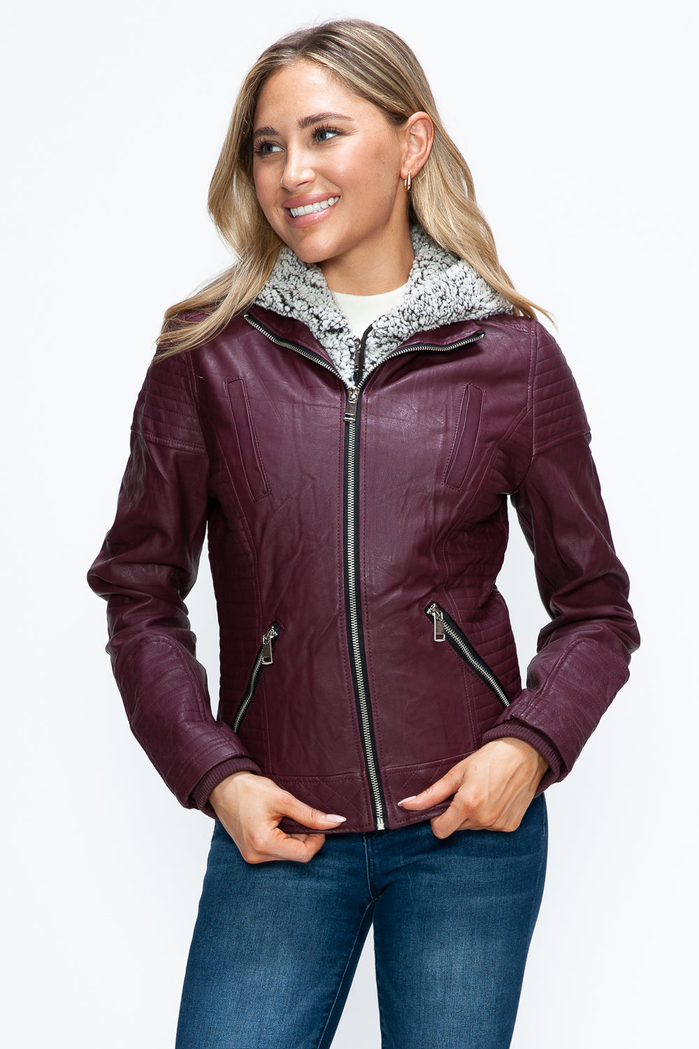 YMI Fuzzy Feels Faux Layered Double-Zipper Jacket with Fuzzy Hood in Wine