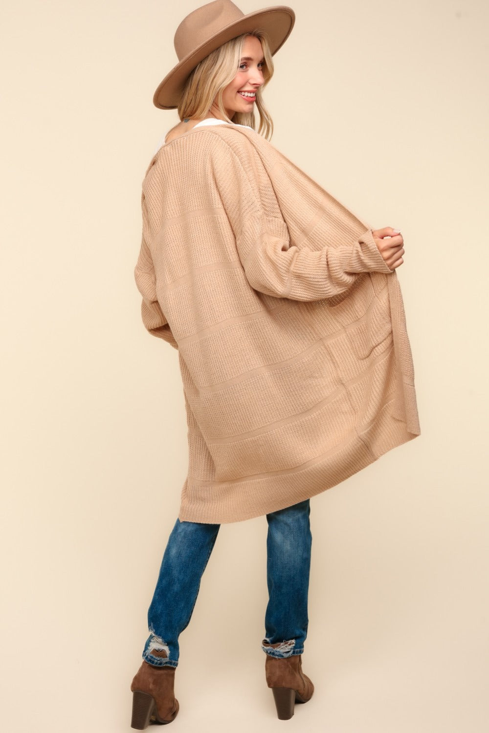 Haptics Autumn Days Stripe Textured Open Front Cardigan with Pockets