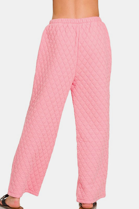 Zenana Quilted Comfort Button Up Long Sleeve Top and Pants Lounge Set in Dark Pink