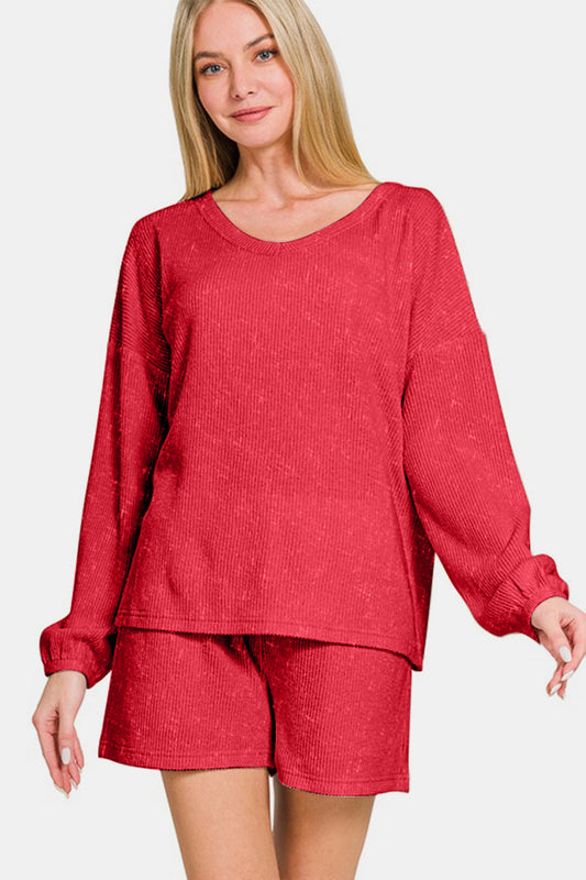 Zenana Collecting Moments V-Neck Long Sleeve Ribbed Top and Shorts Set in Deep Red