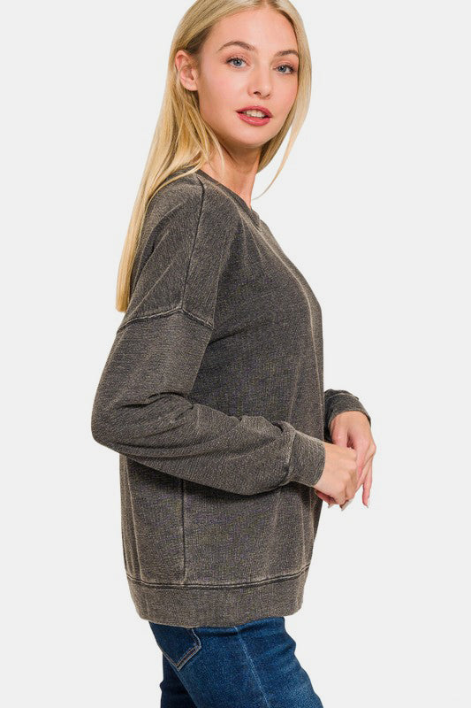 Zenana Laid Back Vibes Washed Dropped Shoulder Sweatshirt in Black