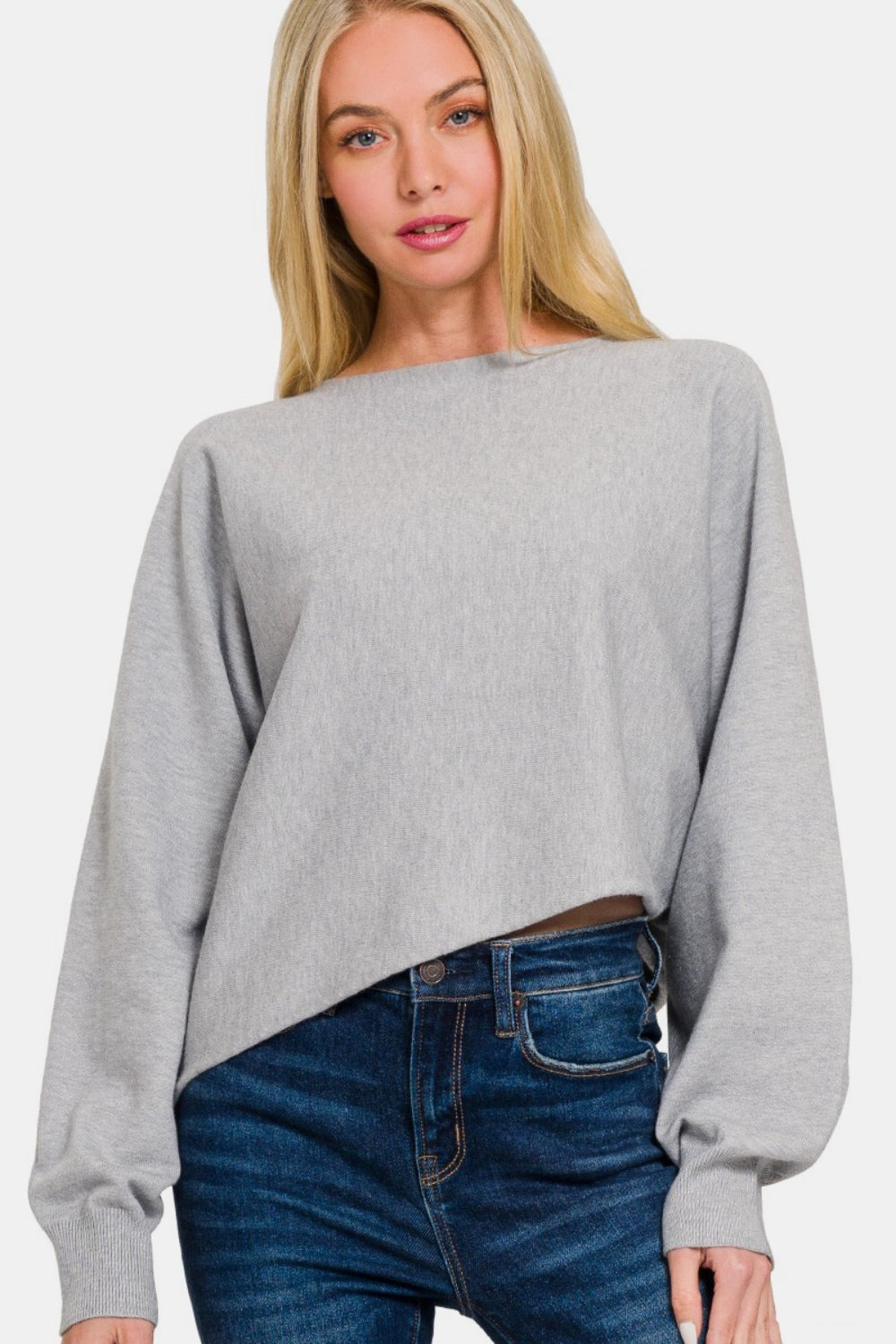 Zenana Oh So Cozy Asymmetric Hem Long Sleeve Sweater in Heather Grey