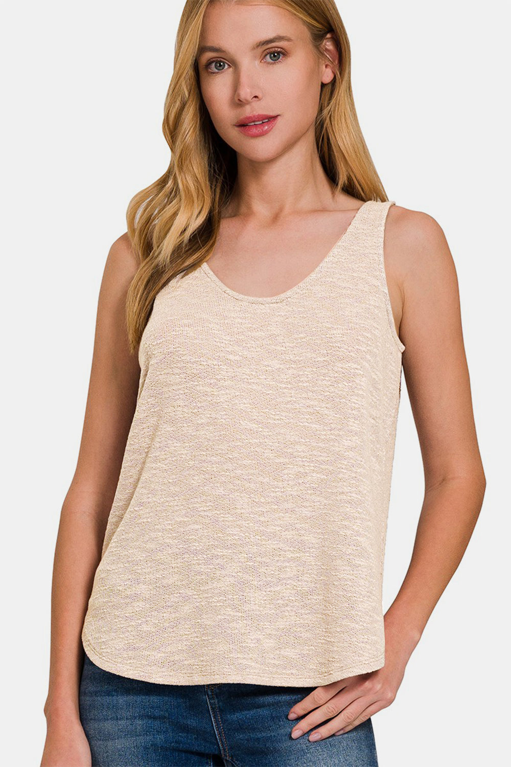 Zenana Made For Me Curved Hem Tank in Sand Beige