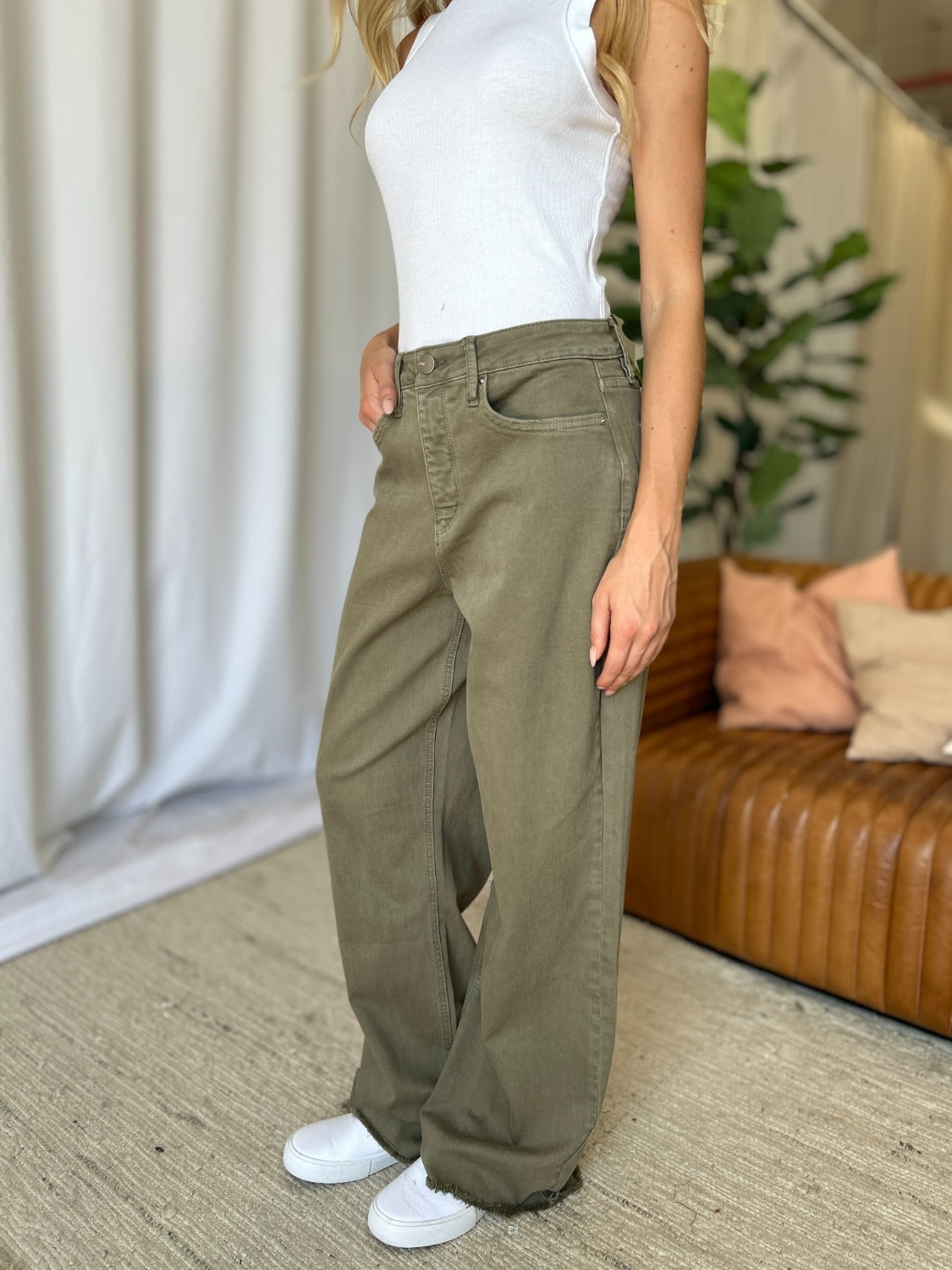 RFM Dani High Rise Garment Dye Wide Leg Jeans in Sage