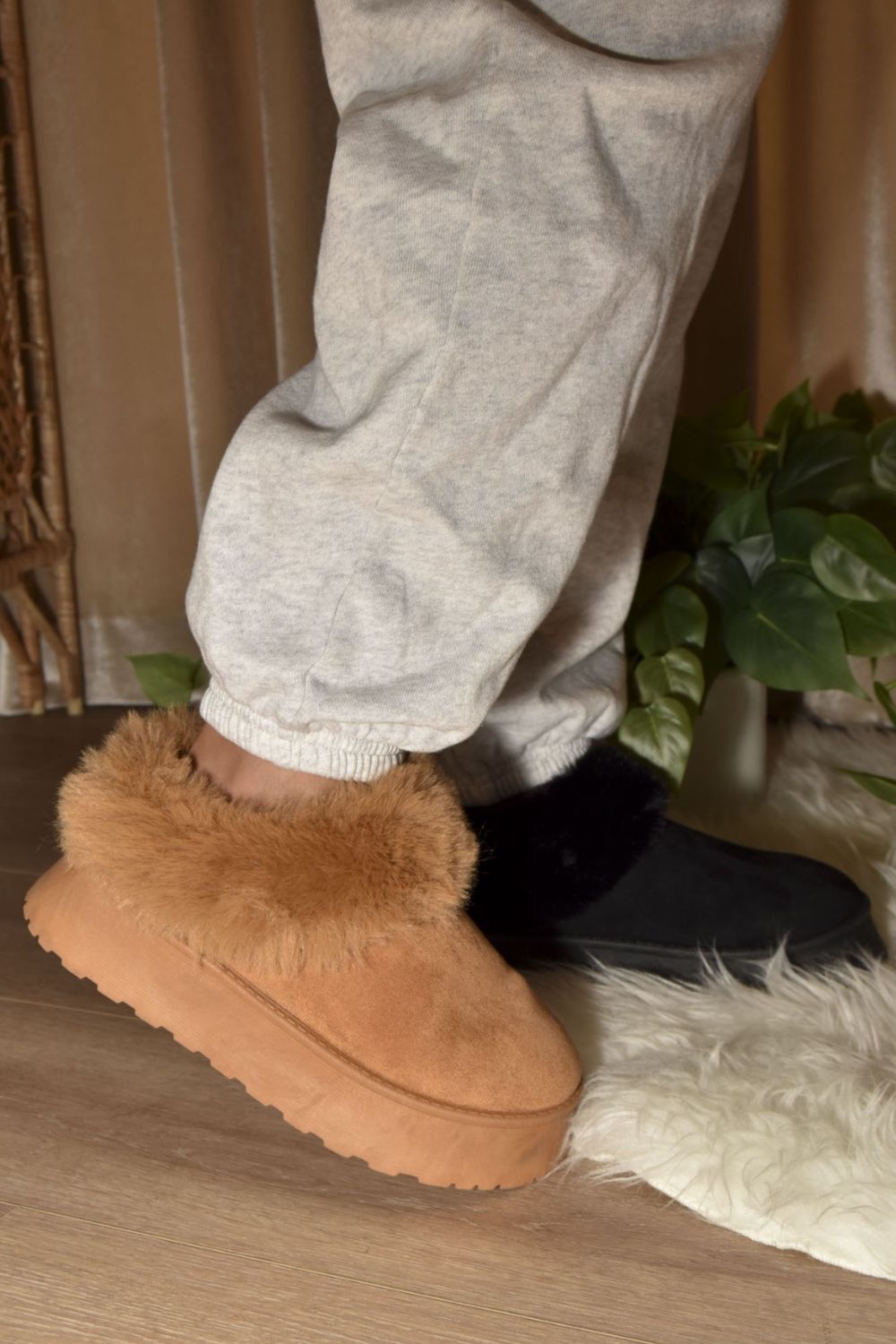 WILD DIVA Furry Friends Faux-Fur Platform Slip On Booties in Camel