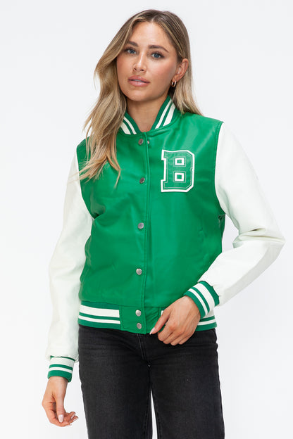 Love Me Now Bring The Love PU Leather Contrast Snap Down Bomber Jacket in Green/Milk