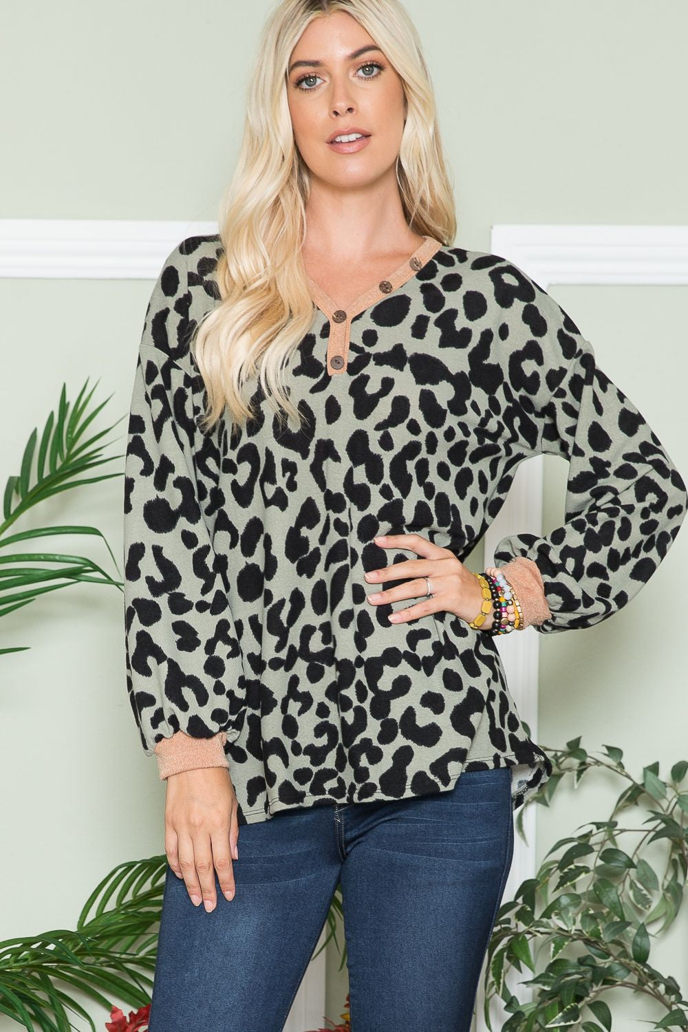 Celeste Embracing Wild V-Neck Long Sleeve Blouse in Olive Leopard