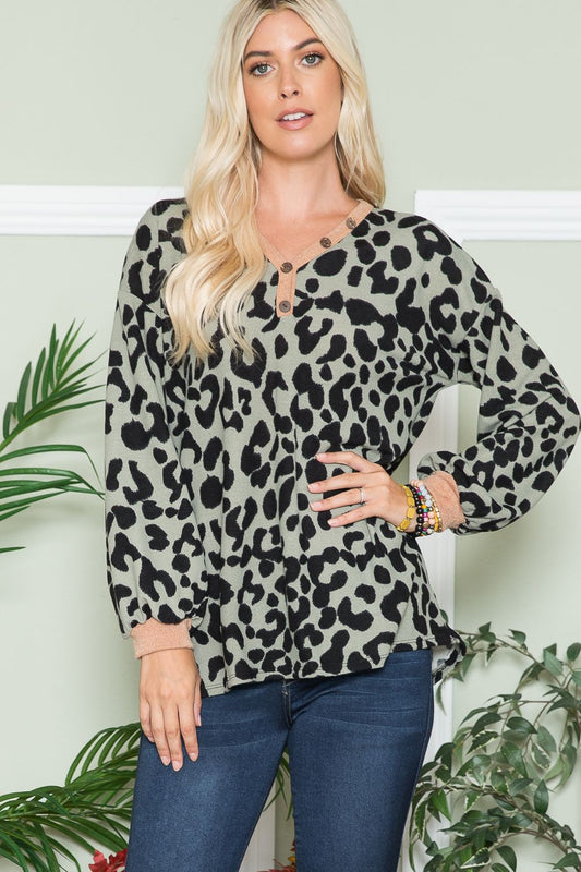 Celeste Embracing Wild V-Neck Long Sleeve Blouse in Olive Leopard