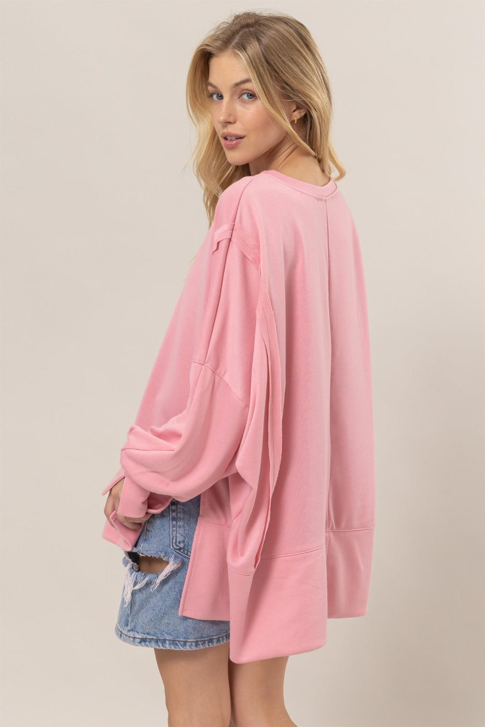 HYFVE Pink Cuddles French Terry Long Sleeve High-Low Slit Sweatshirt