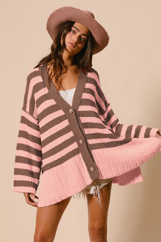 BiBi Stripe Cozy Magic Slit V-Neck Button Up Cardigan