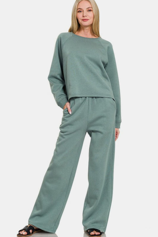 Zenana Cozy Corners Round Neck Raglan Sleeve Top and Elastic Waist Pants Set in Air Force Blue