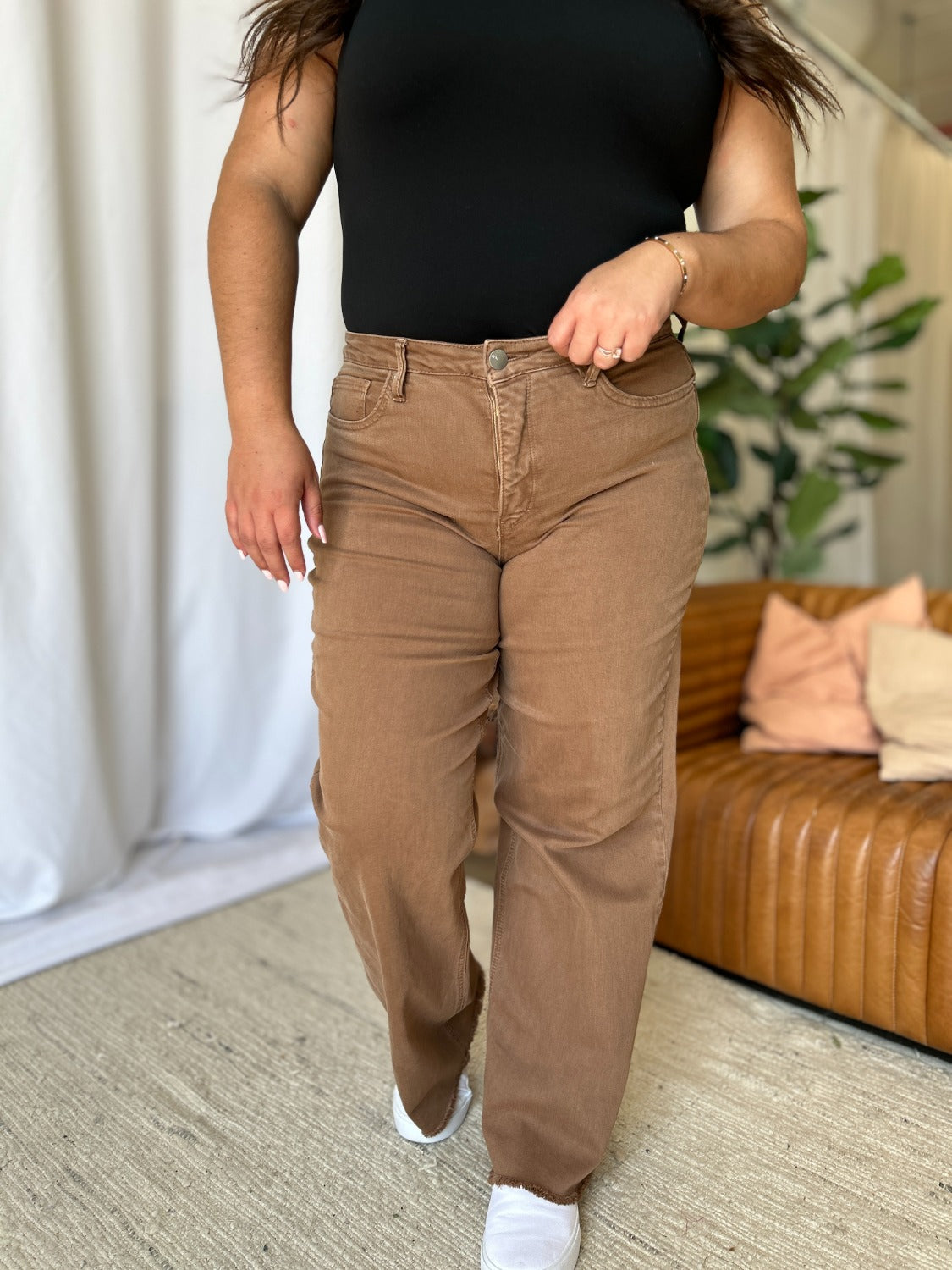 RFM Dawn High Rise Garment Dye Wide Leg Jeans in Coffee