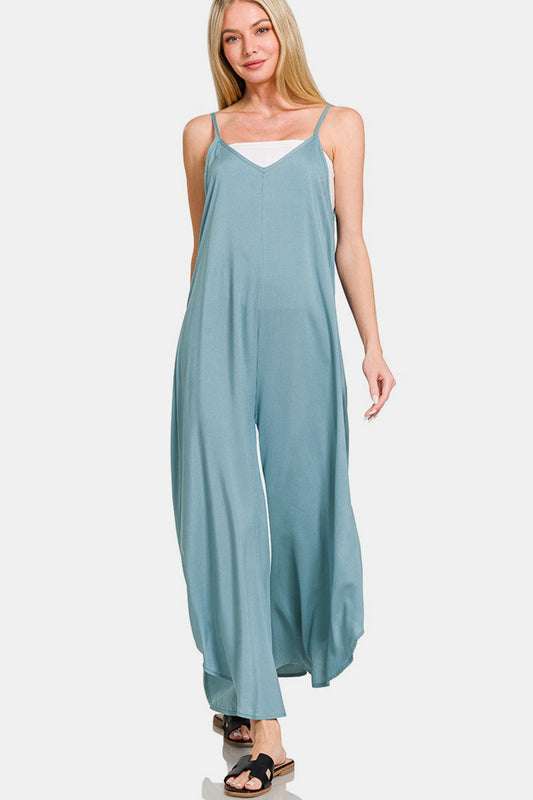 Zenana My Vibe Spaghetti Strap Wide Leg Overalls with Pockets in Blue Grey