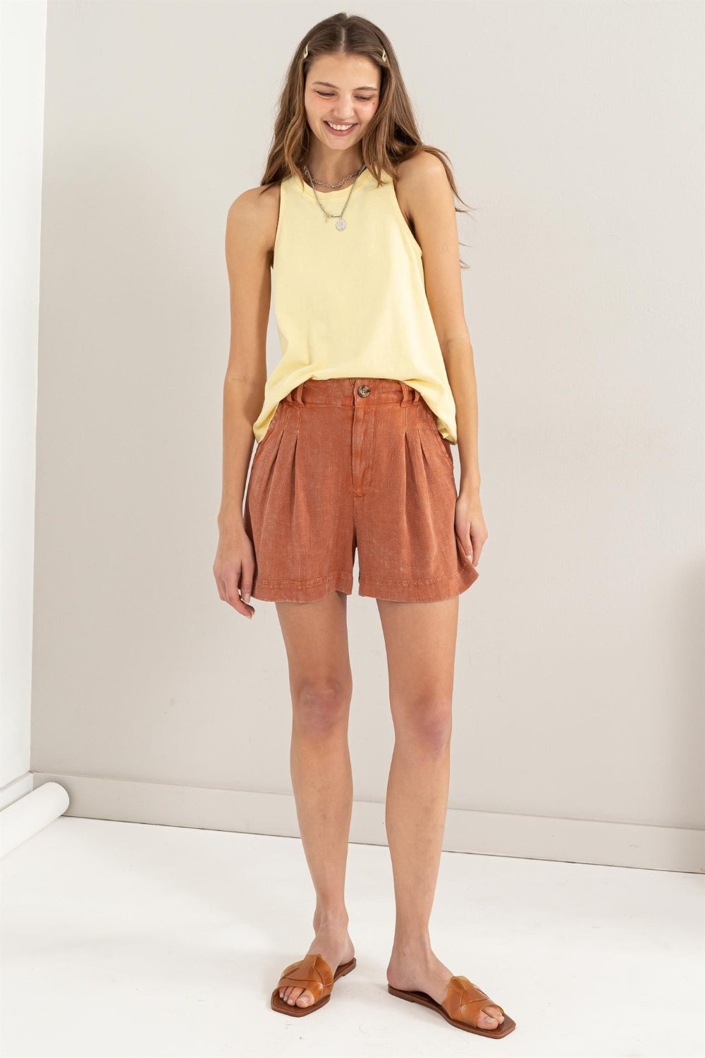 HYFVE Brunch Date High Waist Pleated Linen Shorts in Baked Clay