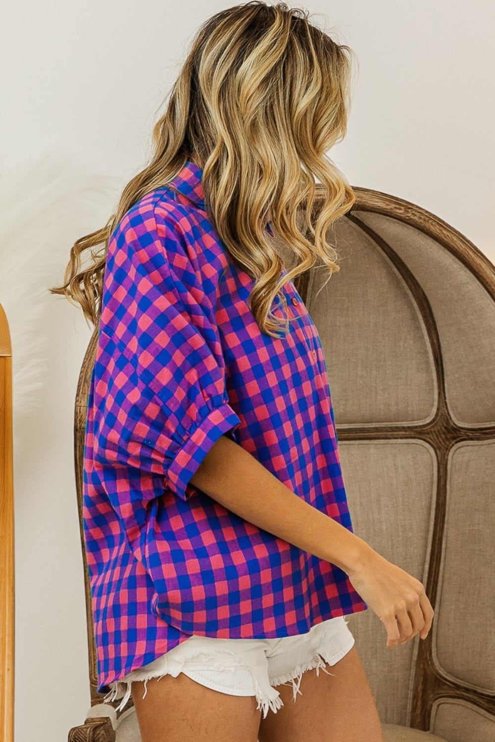 BiBi In The Mood Plaid Button Up Dolman Sleeve Shirt