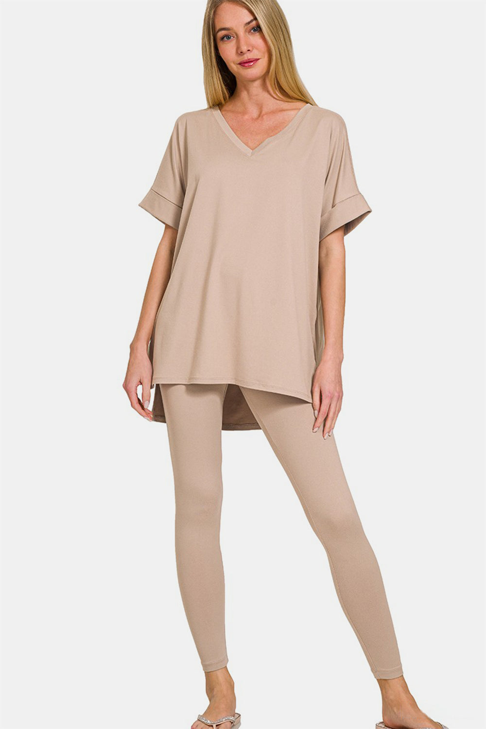 Zenana Mix It Up V-Neck Rolled Short Sleeve T-Shirt and Leggings Lounge Set in Lt Mocha