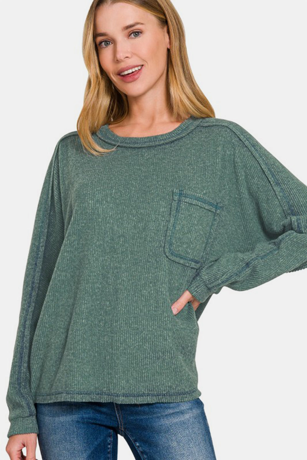 Zenana Cozy Unfiltered Contrast Stitching Brushed Ribbed Hacci Knit Top in Ash Jade