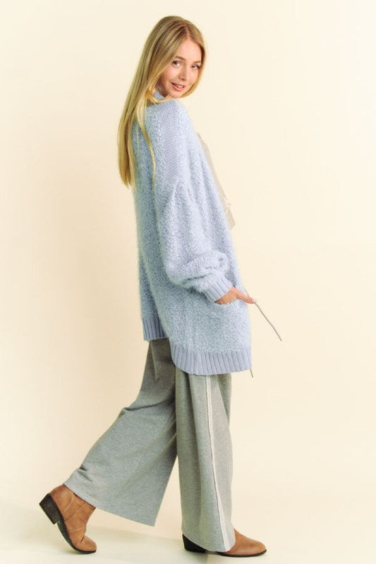 Davi & Dani Ribbed and Ready Ribbed Hem Button Up Long Sleeve Cardigan