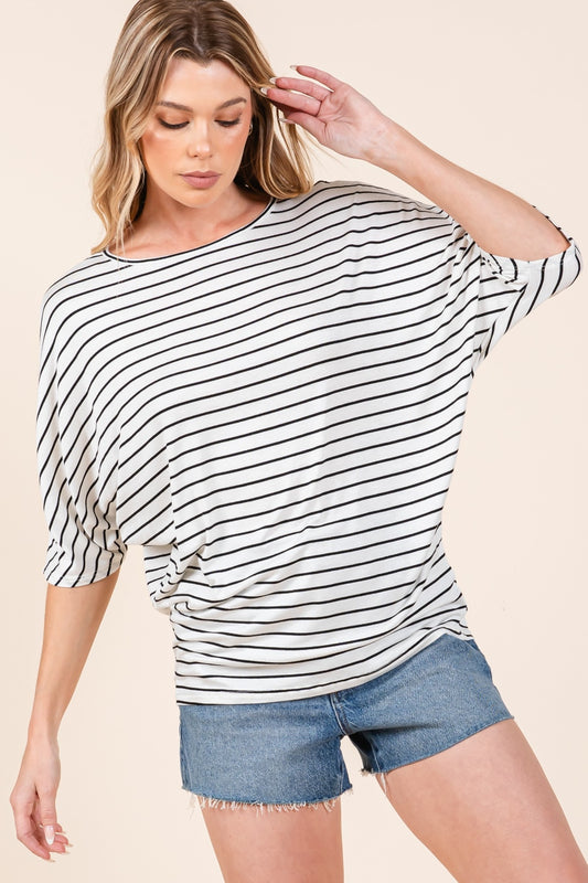 BOMBOM Casually Striped Boat Neck Dolman Sleeve Top in Ivory