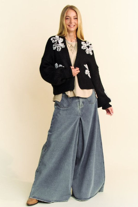 Davi & Dani Pop of Personality Floral Applique Open Front Dropped Shoulder Cardigan
