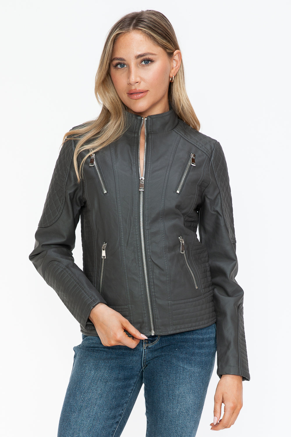 Snobbish Ready To Own The Night Faux Leather Zip Up Mock Neck Jacket in Charcoal