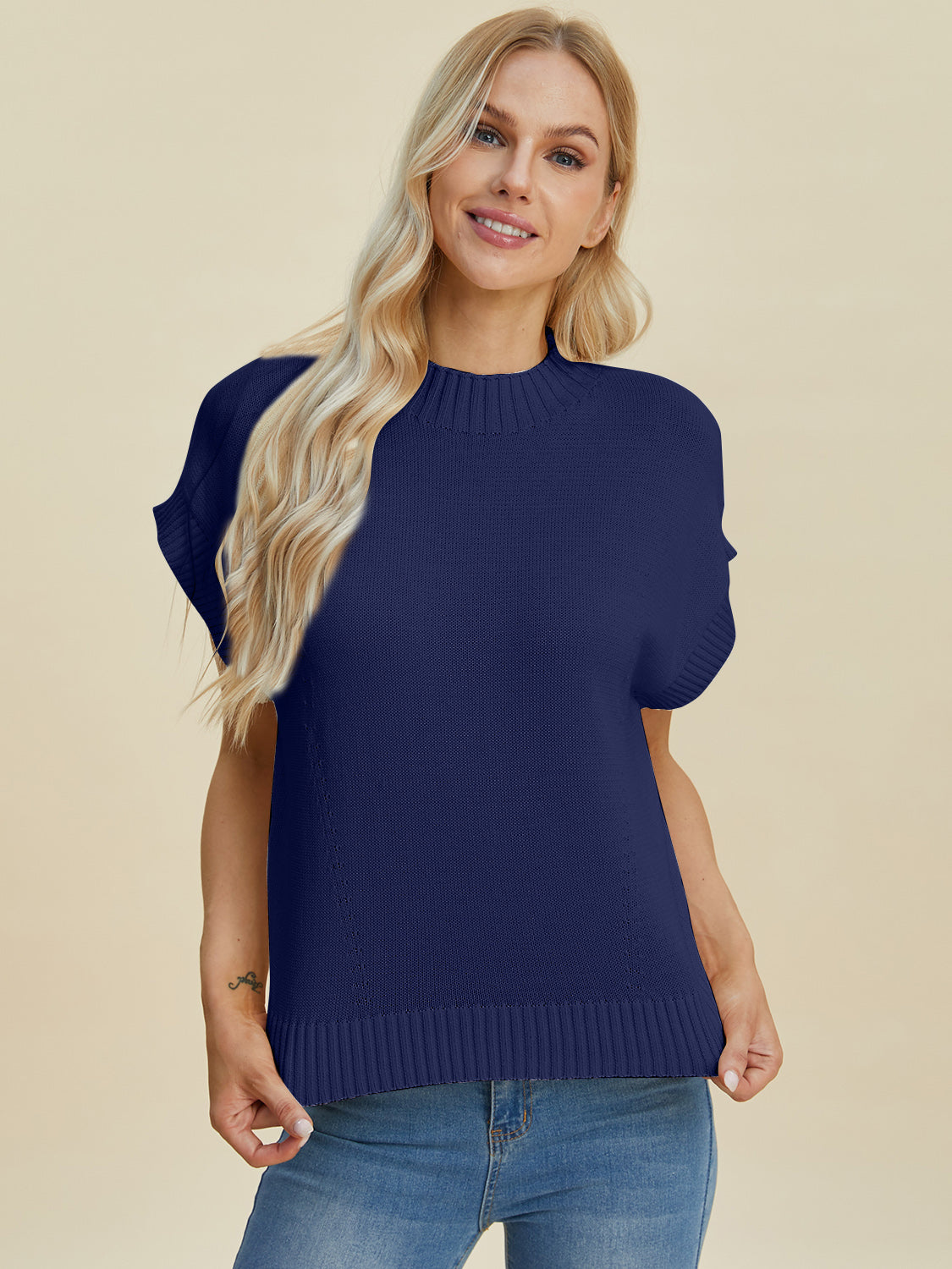 Double Take Lovely Day Mock Neck Short Sleeve Sweater