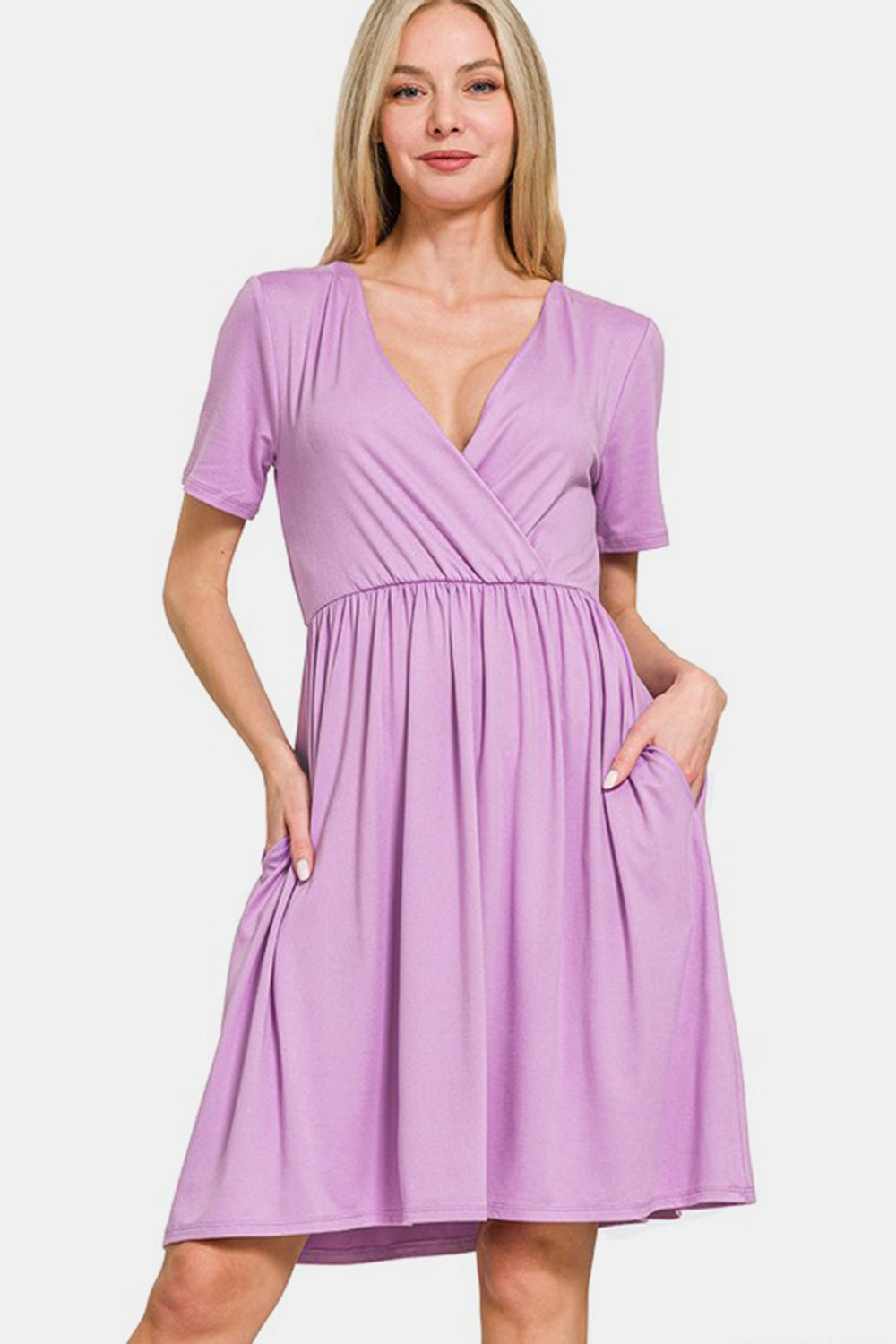 Zenana On The Right Track Surplice Short Sleeve Brushed DTY Dress in Pink Purple