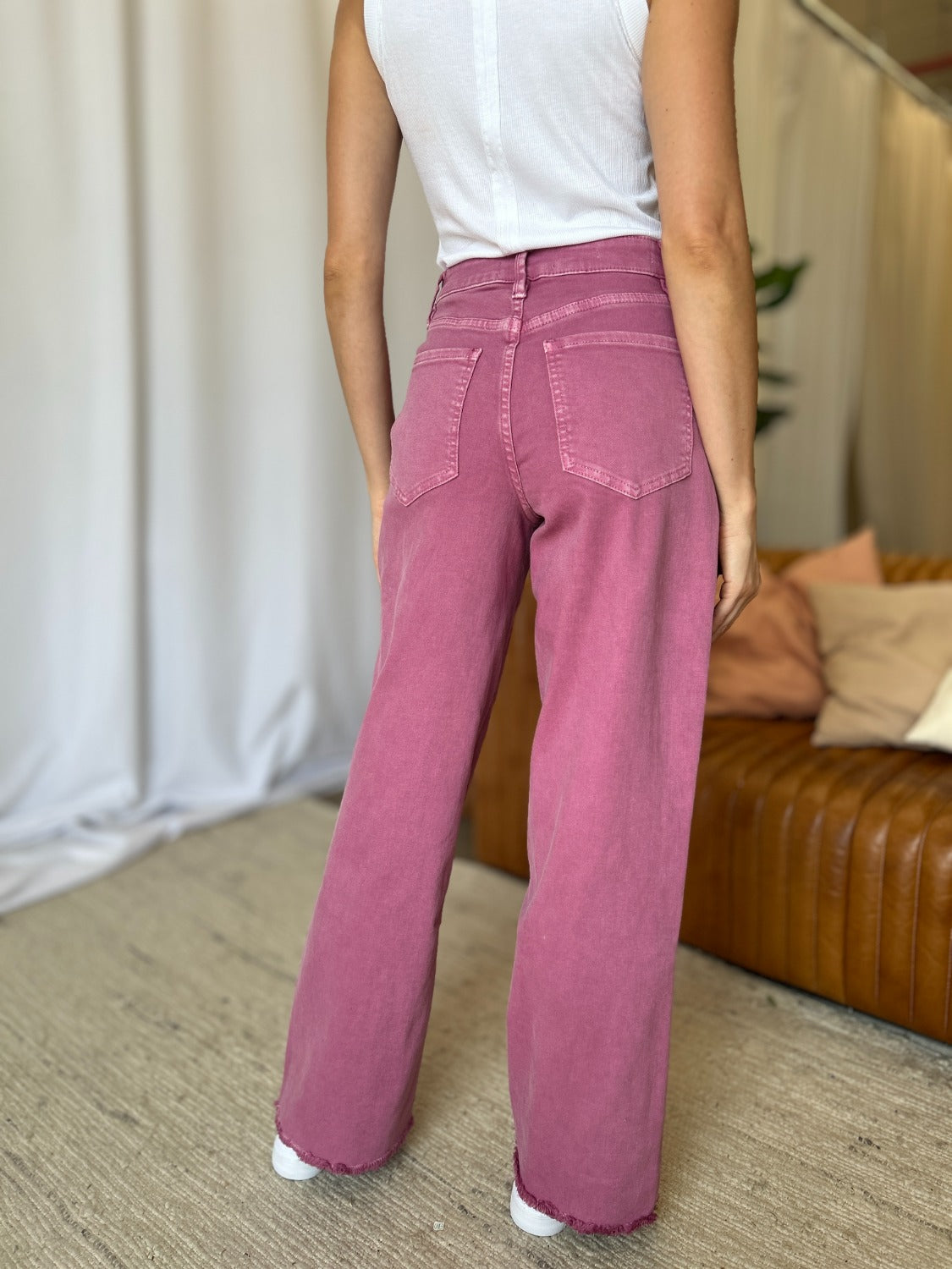 RFM Raelene High Rise Garment Dye Wide Leg Jeans in French Rose