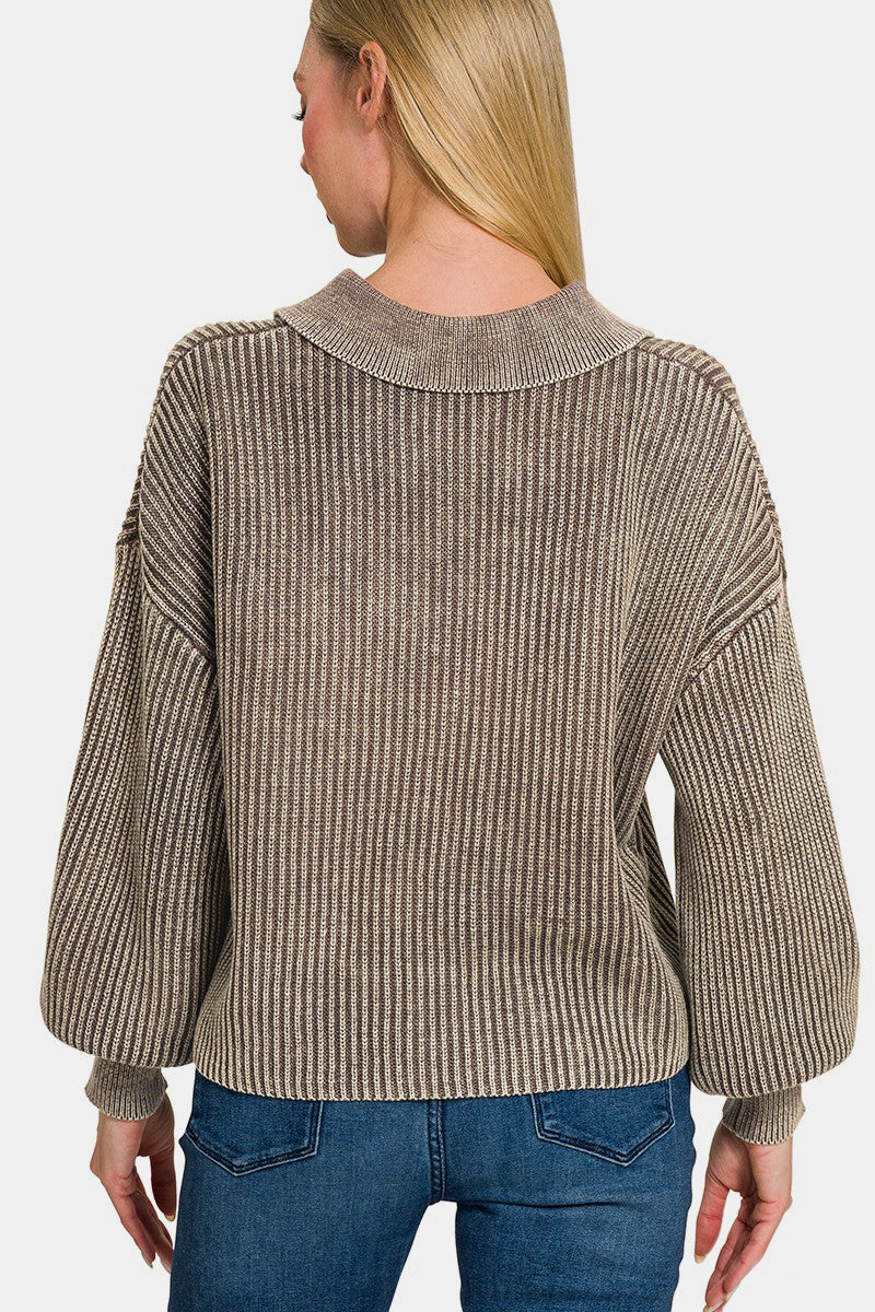 Zenana No Fade Washed Half Button Long Sleeve Sweater in Mocha