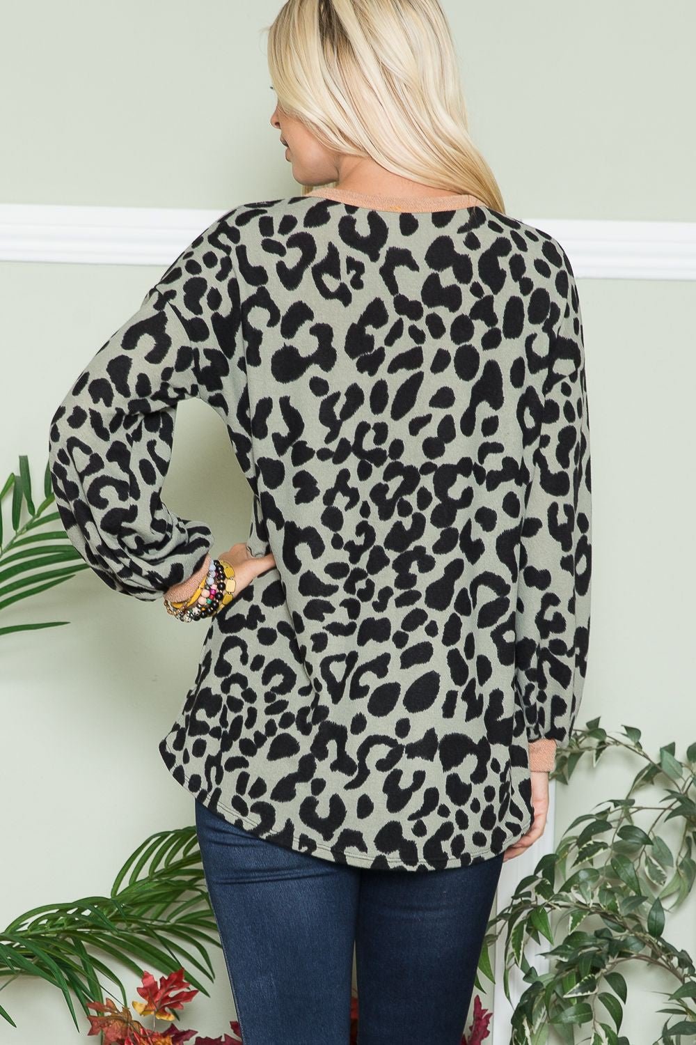Celeste Embracing Wild V-Neck Long Sleeve Blouse in Olive Leopard