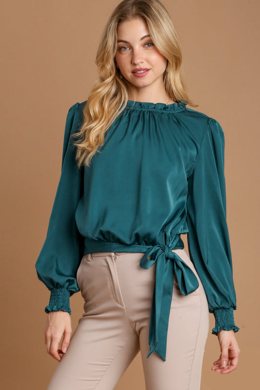 Umgee Frilly and Fantastic Frill Tied Hem Long Sleeve Blouse