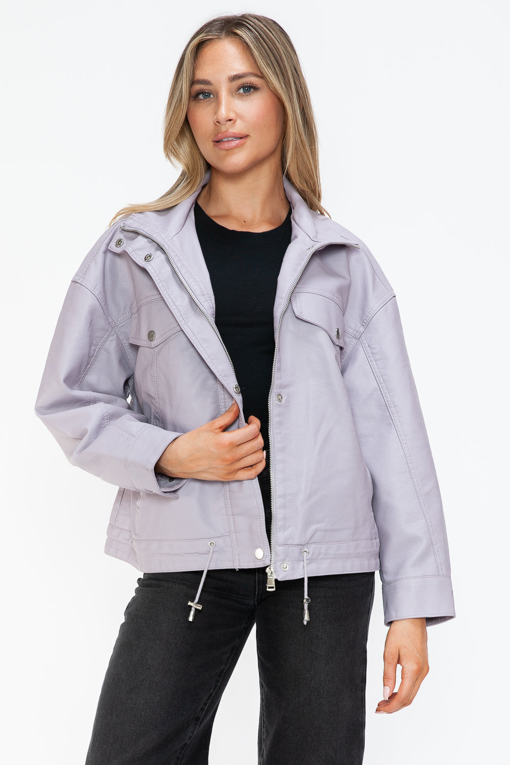 How Dare U My Favorite Layer Drawstring Hem PU Leather Zip Up Jacket in Lilac