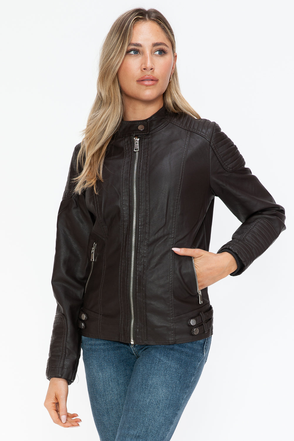 Snobbish A Wild Ride Faux Leather Biker Jacket with Side Zip Pockets in Chocolate