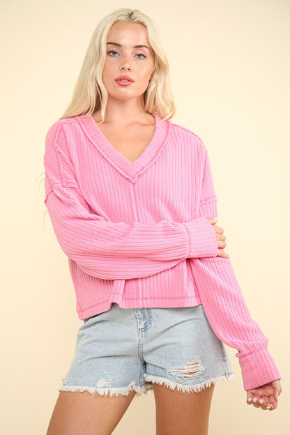 VERY J Knit Happens Exposed Seam V-Neck Ribbed Knit Top in Pink