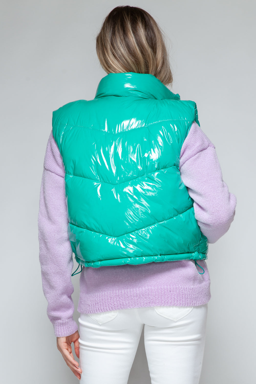 Snobbish A Quilted Touch Zip Up Turtleneck Shiny Quilted Vest in Green