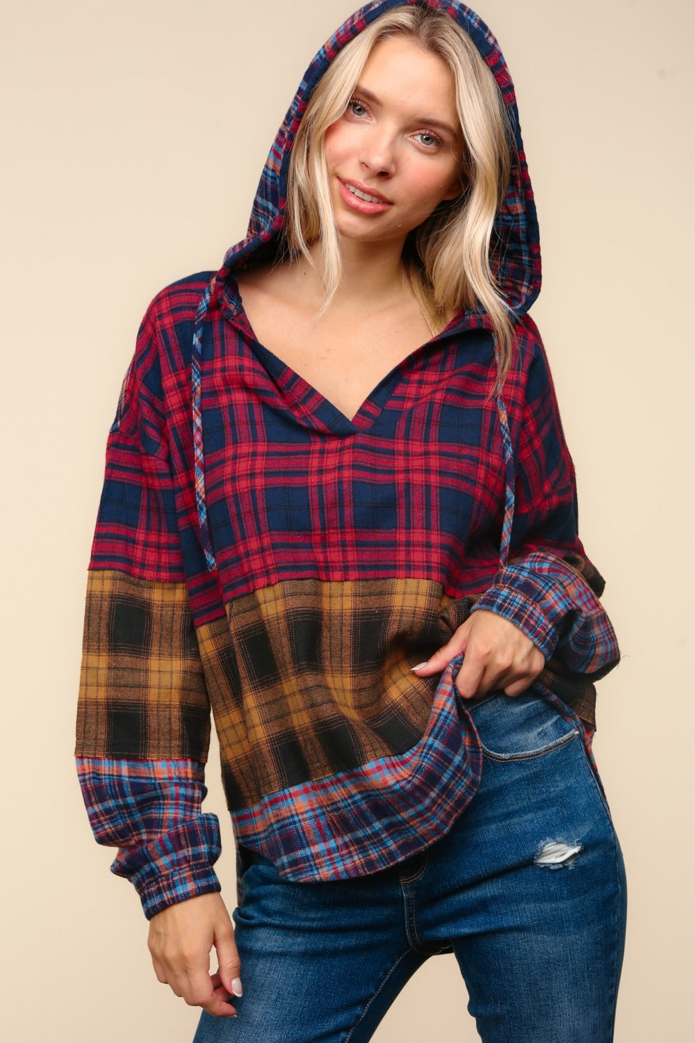 Haptics In My Plaid World Edge Cut Detail Hooded Top
