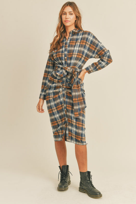 Mable Timeless in Plaid Flannel Front Tie Button Down Shirt Dress
