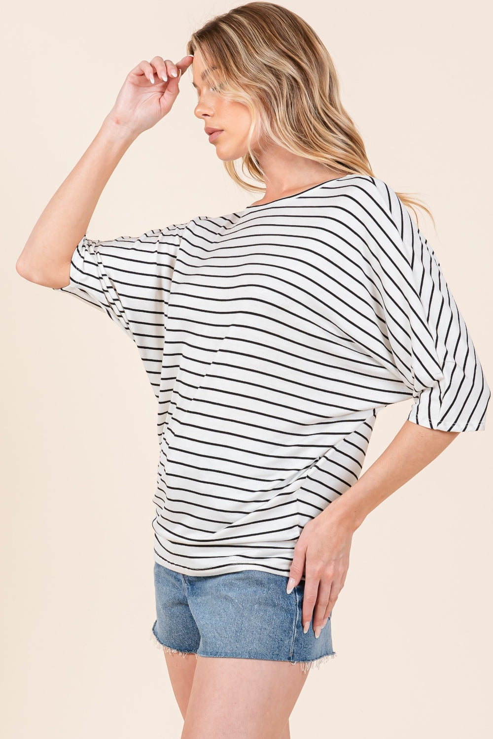 BOMBOM Casually Striped Boat Neck Dolman Sleeve Top in Ivory